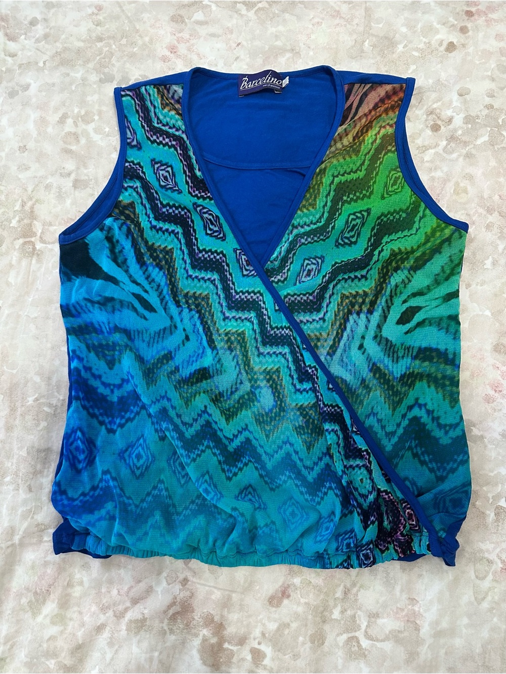 Barcelono Blue & Green Printed Sleeveless Wrap Top